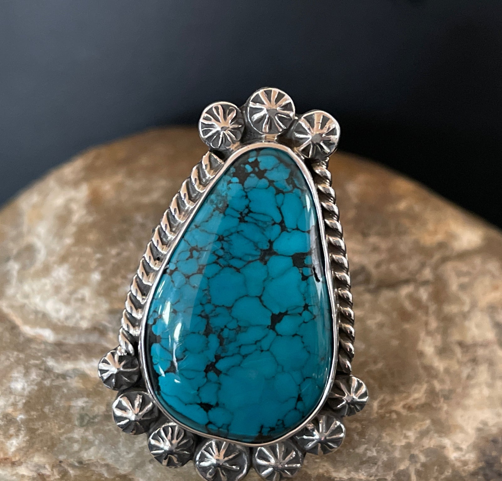 Native Navajo Sterling Silver Blue Spiderweb Turquoise Ring Size 10 01063