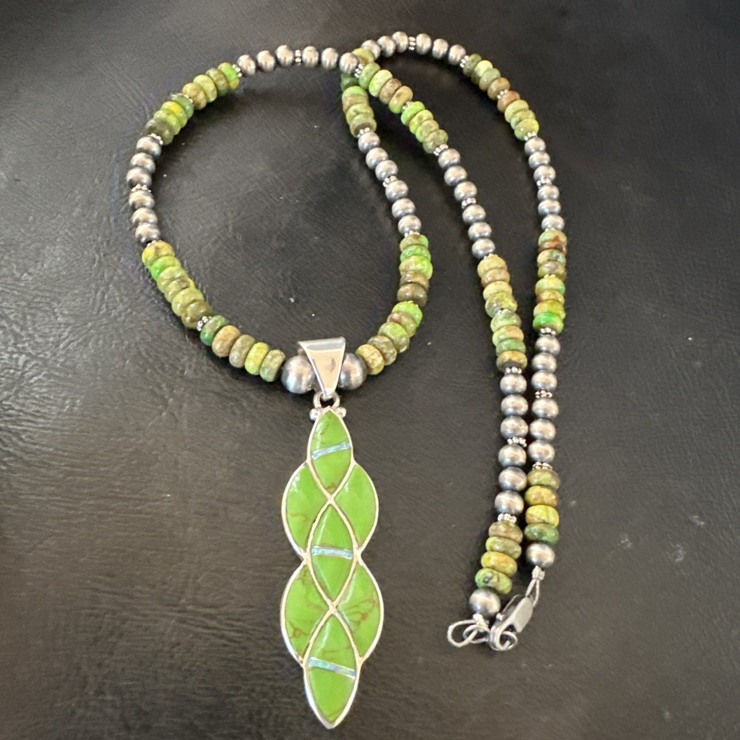 Womens Green Gaspeite Turquoise Opal Pendant Sterling Silver Necklace 19548