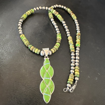 Womens Green Gaspeite Turquoise Opal Pendant Sterling Silver Necklace 19548