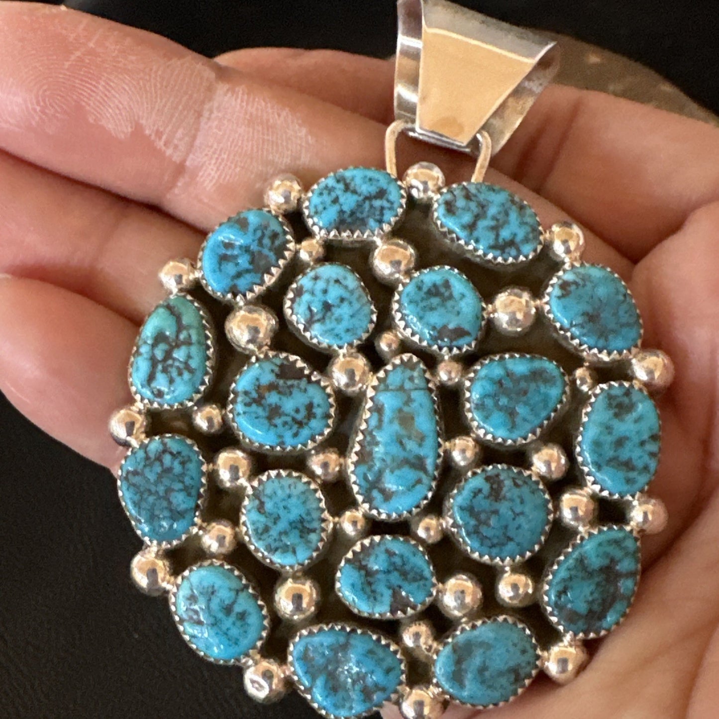 Cluster Kingman Turquoise Navajo Sterling Silver Necklace Pendant 2.75” 19082