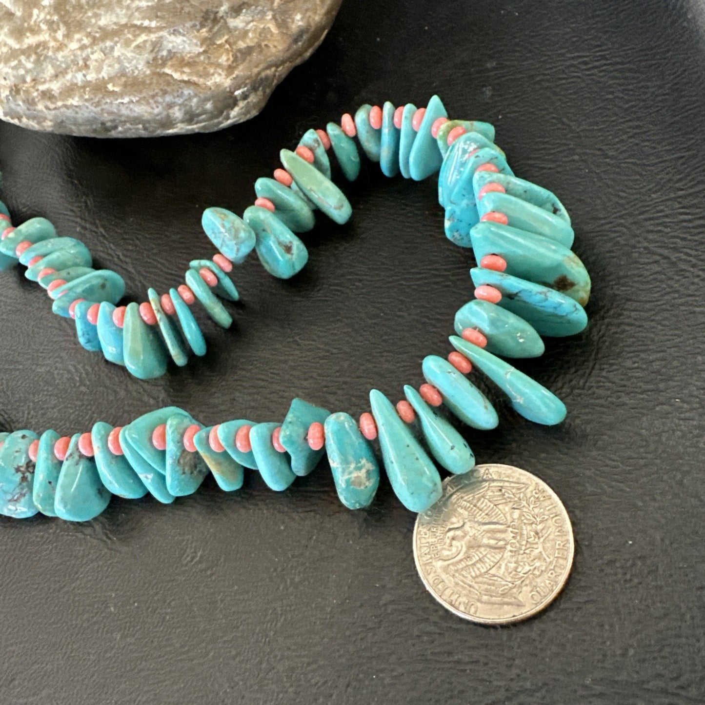 Mens Women Navajo Blue Turquoise Pink Coral Necklace Sterling Silver 28” 19746