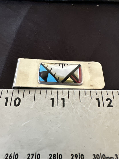 A Zuni Mens Turquoise Spiny Inlay Stainless Sterling Silver Money Clip 17835