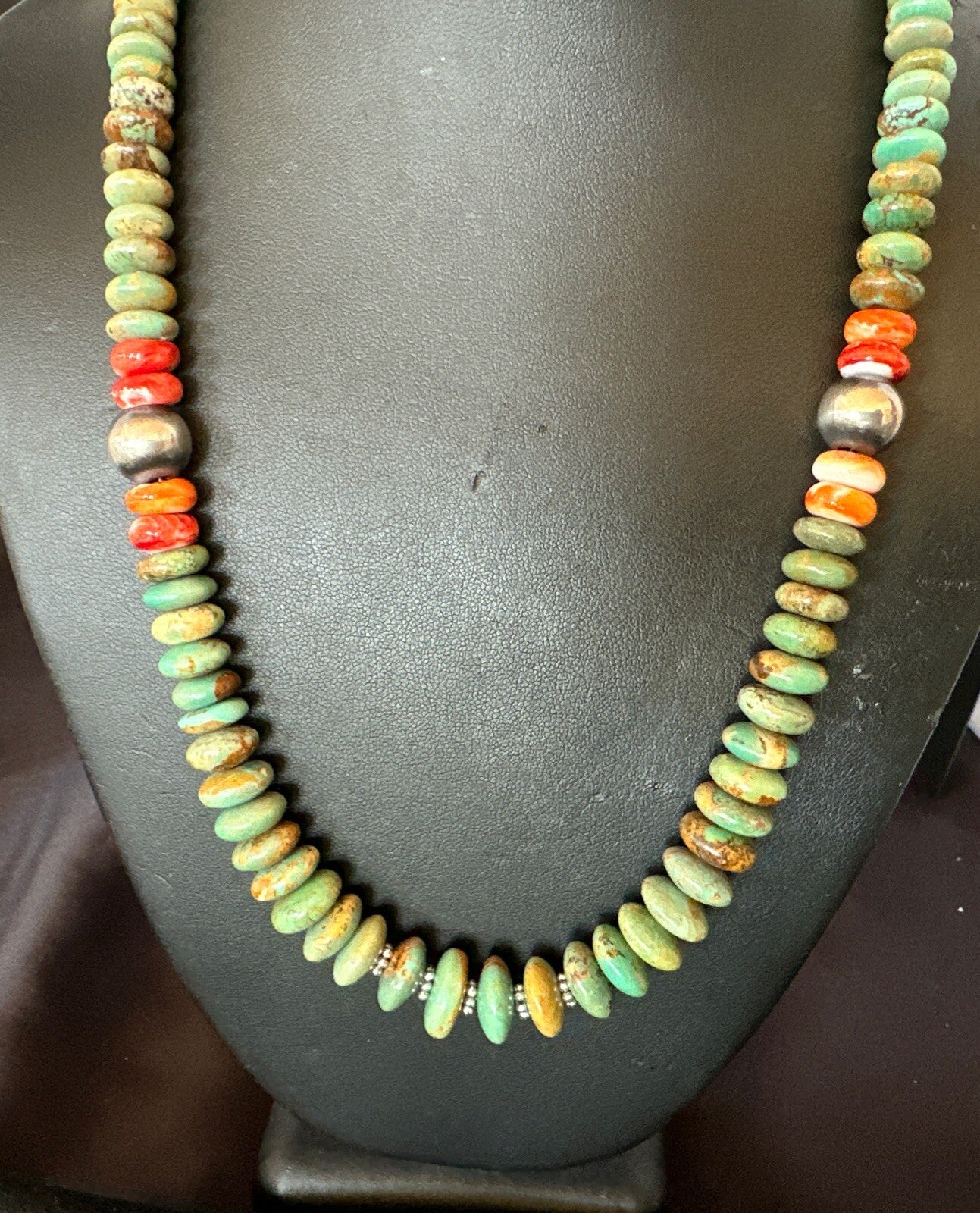 Green Turquoise Spiny Oyster Navajo Pearls Sterling Silver Necklace 18318