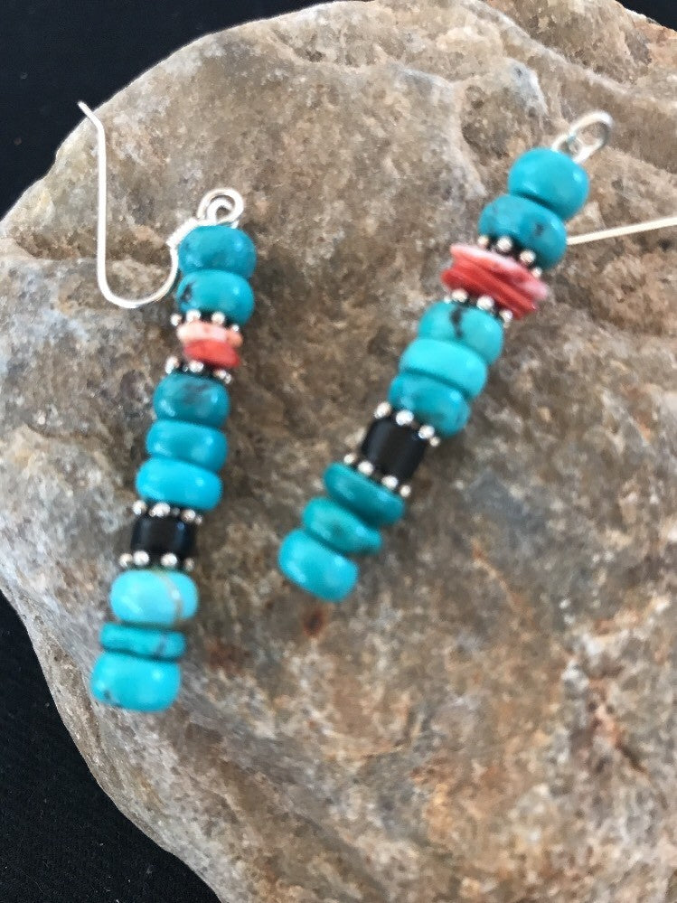 Blue Turquoise Red Spiny Oyster Sterling Silver Navajo Earrings