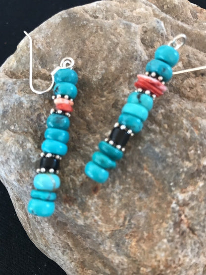 Blue Turquoise Red Spiny Oyster Sterling Silver Navajo Earrings