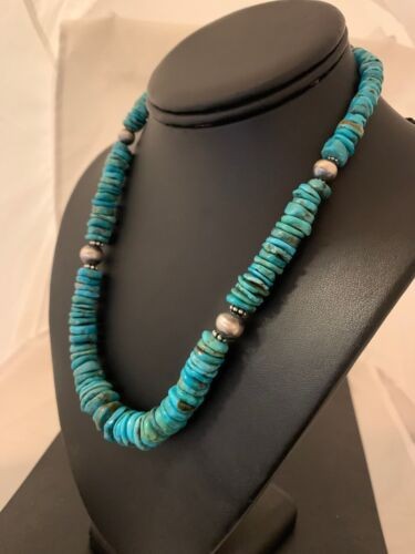 Navajo Blue Turquoise Graduated Necklace Sterling Silve 18" 4663