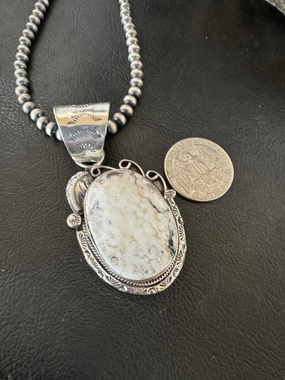 White Buffalo Turquoise Pendant Navajo Pearls Sterling Silver Necklace 19377