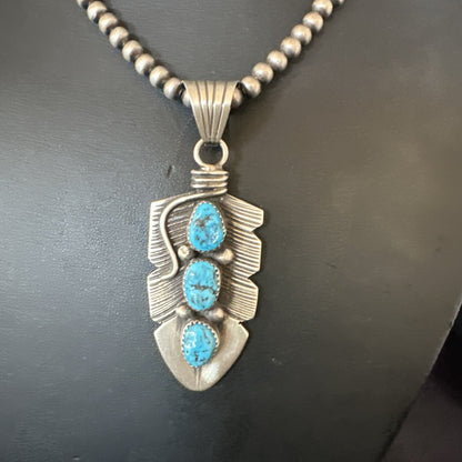 Mens Feather Kingman Turquoise Pendant Navajo Sterling Silver Necklace 17783