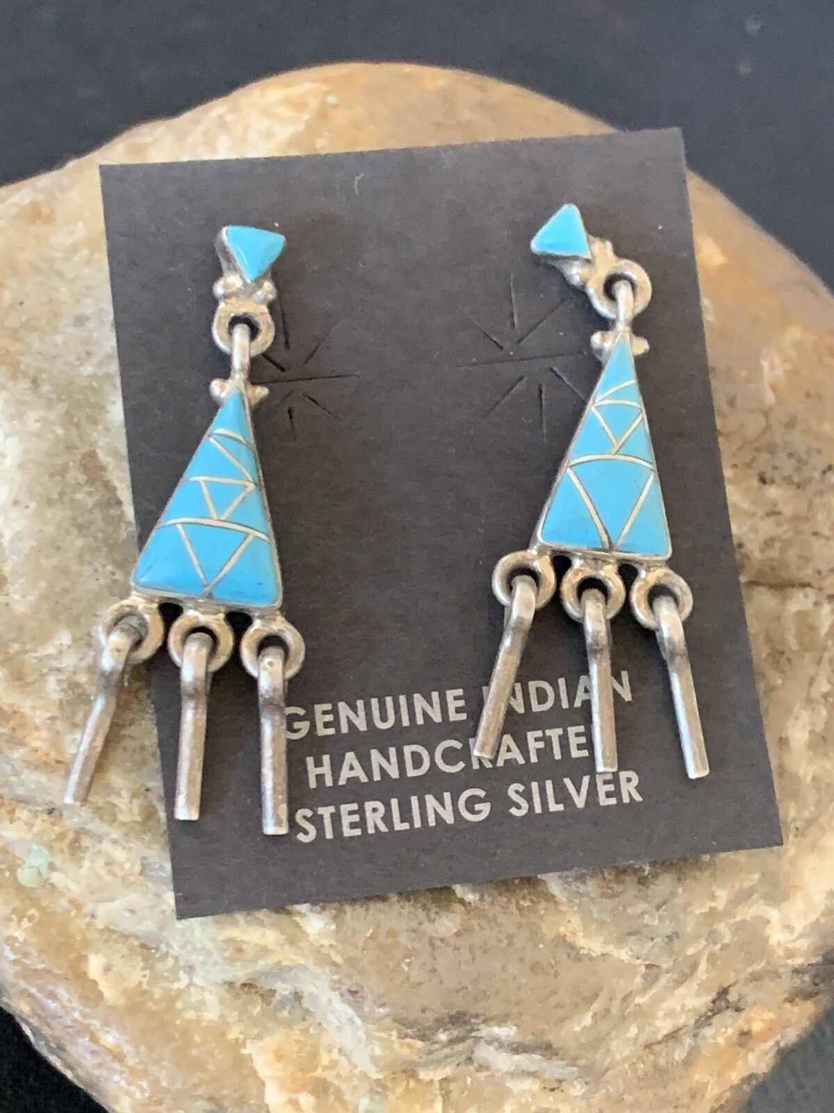 Blue Turquoise Inlay Zuni Sterling Silver Dangle Post Earrings 1.5" 12745