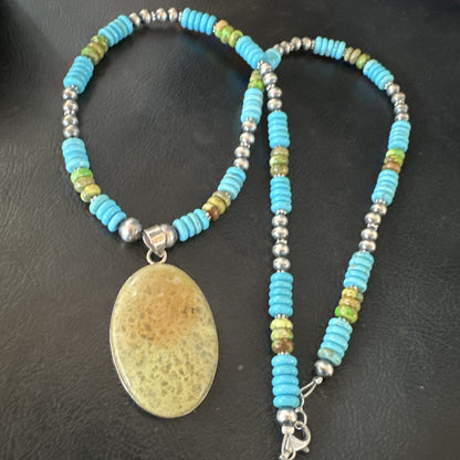 Green Gaspeite Pendant Blue Turquoise Navajo Sterling Silver Necklace 20" 19667