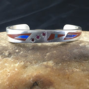 Coral, Lapis Tube Navajo Inlay Bracelet | Sterling Silver | Authentic Native American Handmade | 1982