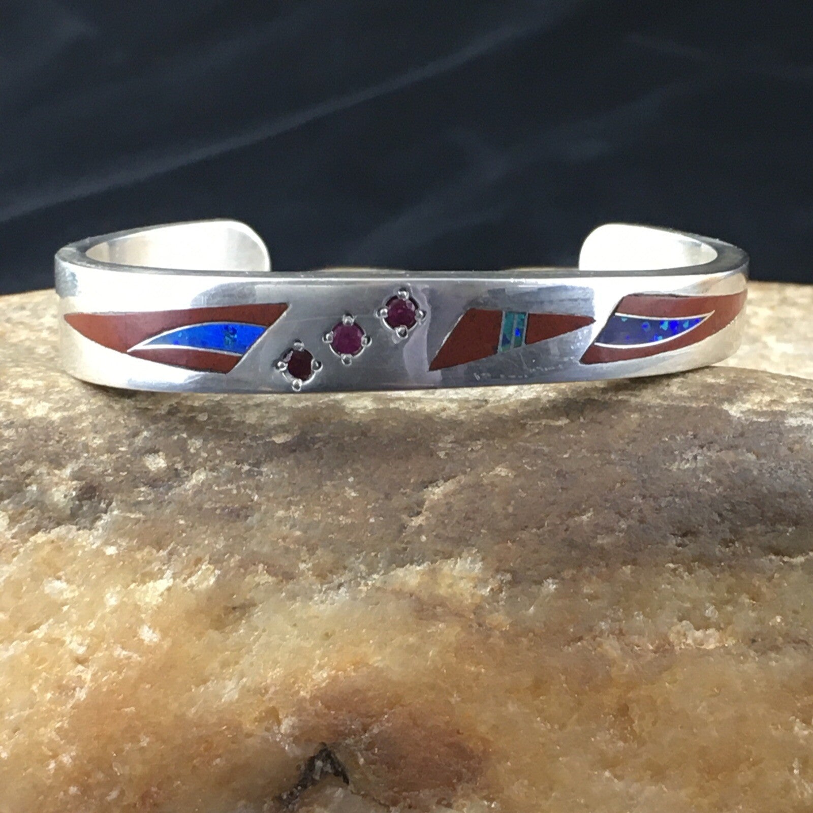 Coral, Lapis Ruby Navajo Sterling Silver Inlay Bracelet 1982