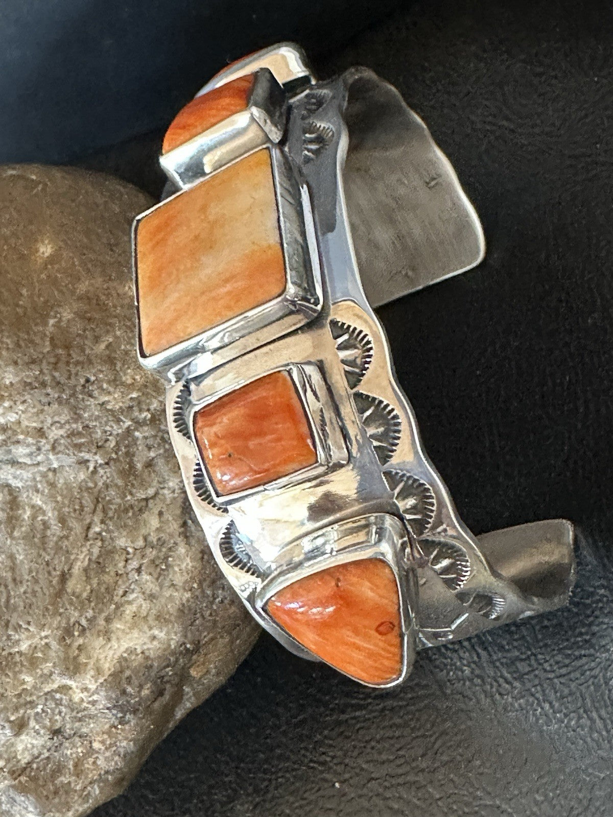 Orange Spiny Oyster 5 Stone Row Sterling Silver Navajo Cuff Bracelet 7.7" 19477
