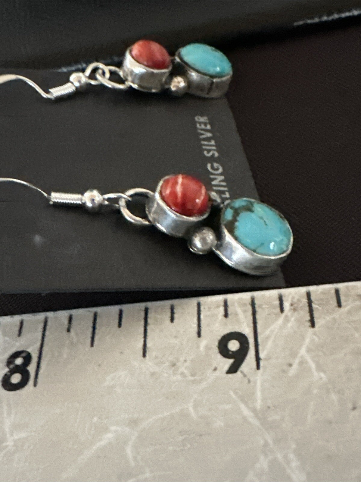 Handmade Blue Turquoise Red Coral Sterling Silver Navajo Dangle Earrings 18845