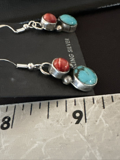 Handmade Blue Turquoise Red Coral Sterling Silver Navajo Dangle Earrings 18845