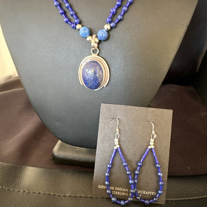 Sterling Silver Navajo Blue Lapis Mens Pendant Necklace Earrings 22” 15539