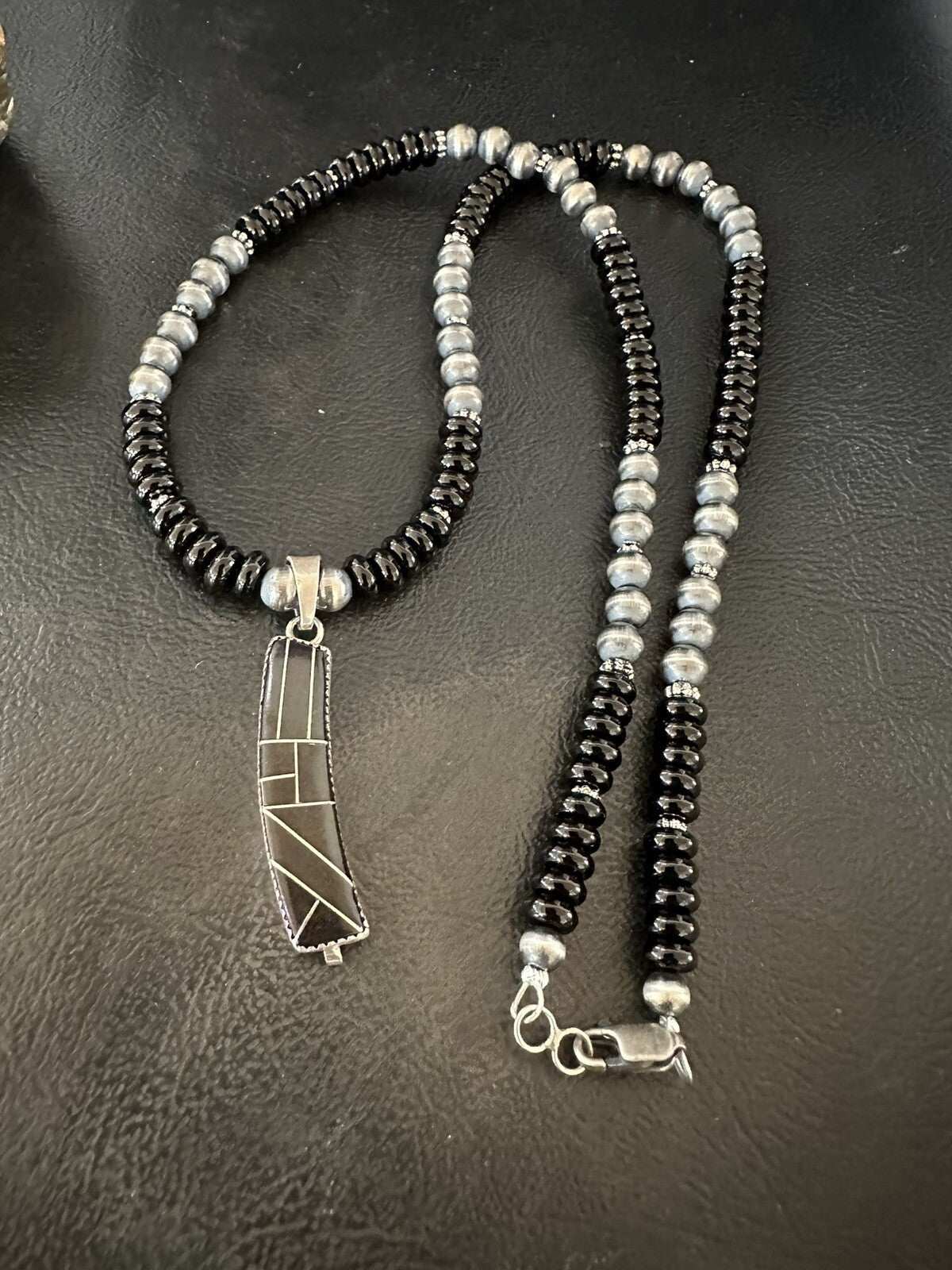 Mens Womens Black Onyx Pendant Navajo Sterling Silver Beads Necklace 18332