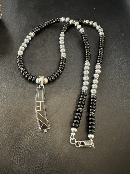 Mens Womens Black Onyx Pendant Navajo Sterling Silver Beads Necklace 18332