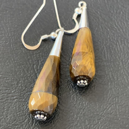 Coffee Tiger's Eye Navajo Sterling Silver Dangle Drop Bead Earrings 1.5" 11715