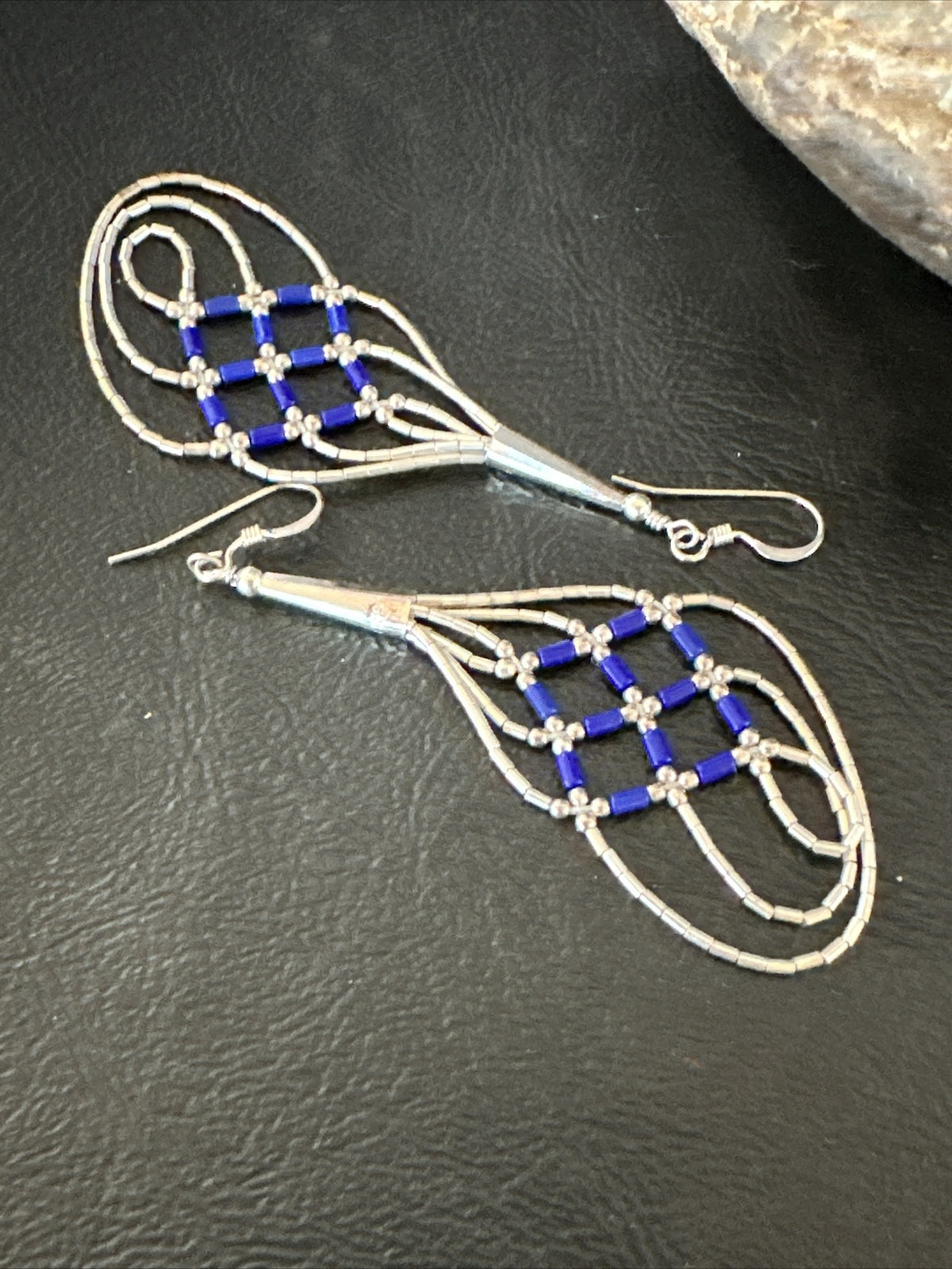 Blue Lapis 3 Strand Heishi Liquid Sterling Silver Dangle Earrings 17737