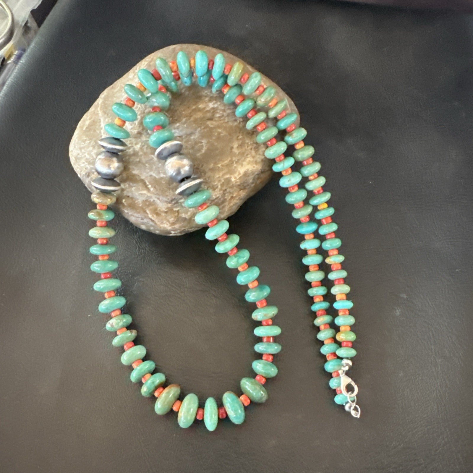 Green Turquoise Spiny Navajo Pearls Sterling Silver Necklace 26” 19682