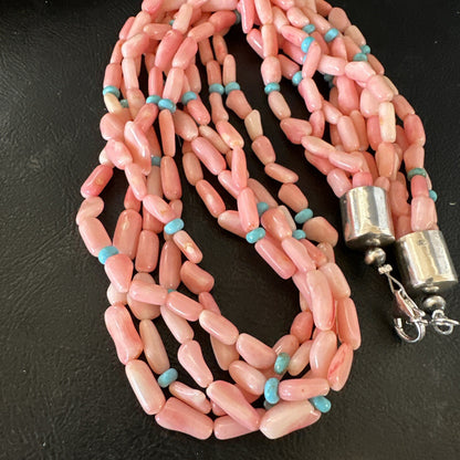Navajo Blue Turquoise Pink Coral Sterling Silver 5 Strand Necklace 20” 17840