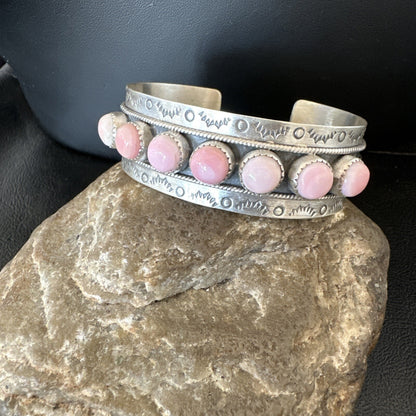 Navajo Pink Conch Cluster Sterling Silver Cuff Bracelet 18863