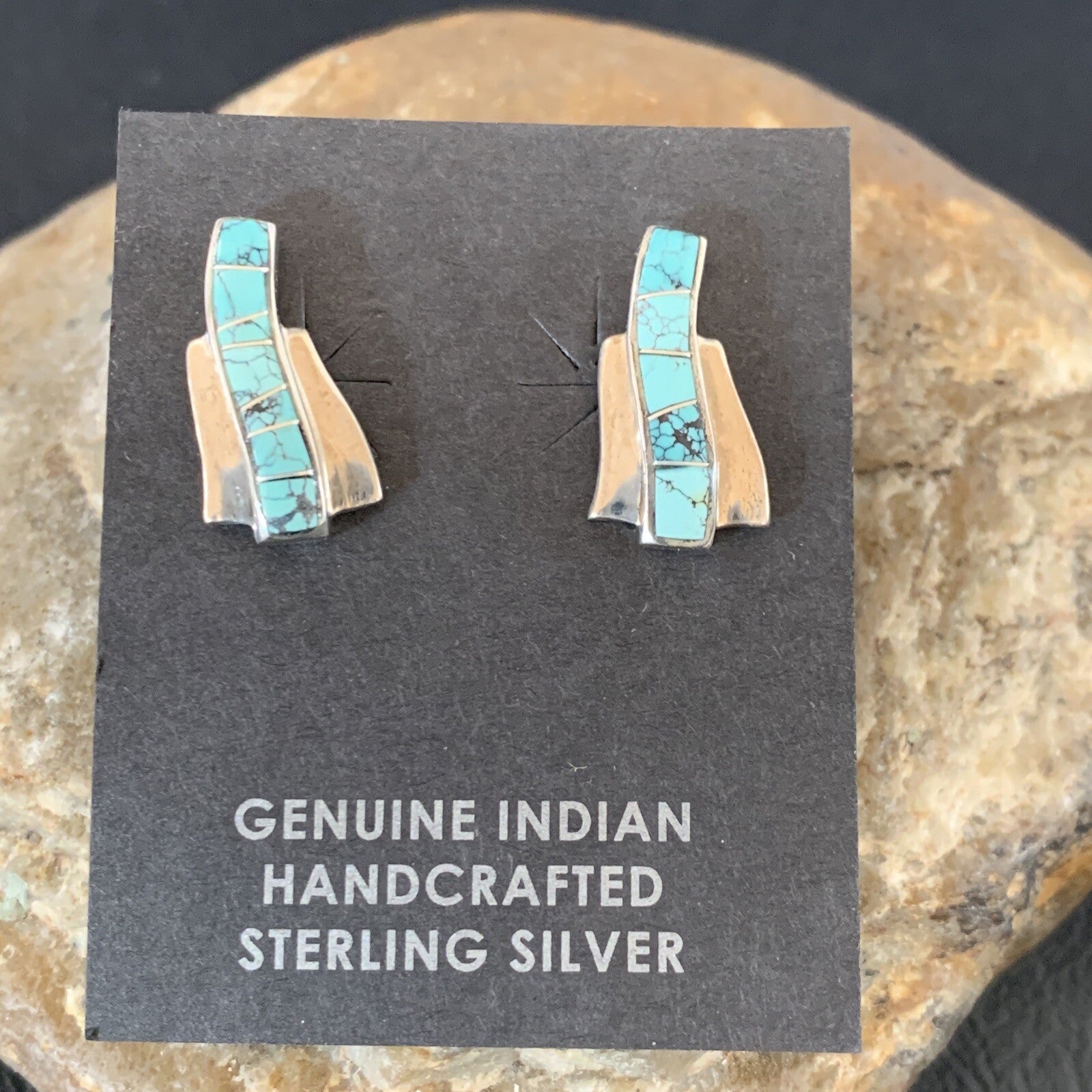 Womens Blue Spider Web Turquoise Navajo Sterling Silver Inlay Earrings 12901