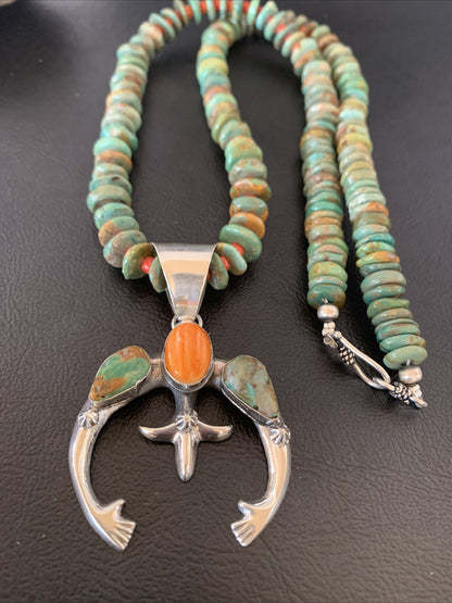 Blue Turquoise Spiny Oyster Naja Pendant Navajo Sterling Silver Necklace 10255