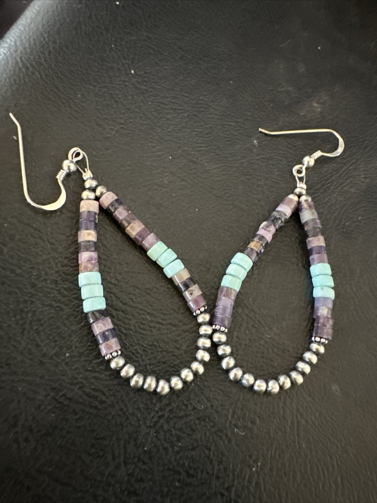 Blue Turquoise Purple Ston Heishi Sterling Silver Navajo Beads Earrings 2" 17838