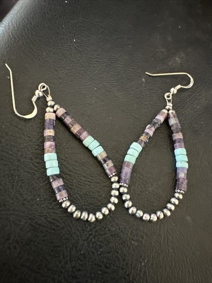 Blue Turquoise Purple Ston Heishi Sterling Silver Navajo Beads Earrings 2" 17838