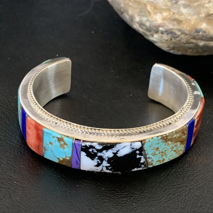 Mens White Turquoise Spiny & Lapis Navajo Sterling Silver Inlay Bracelet 12237