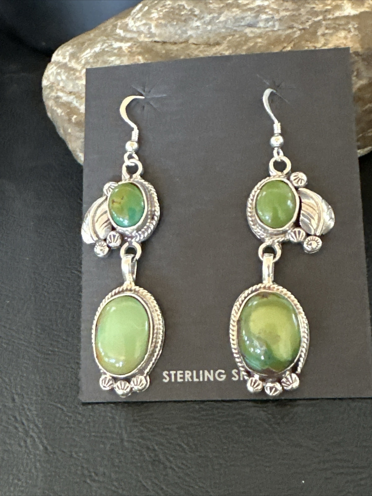 Native Navajo Green Turquoise Sterling Silver Dangle Earrings 2” 17697