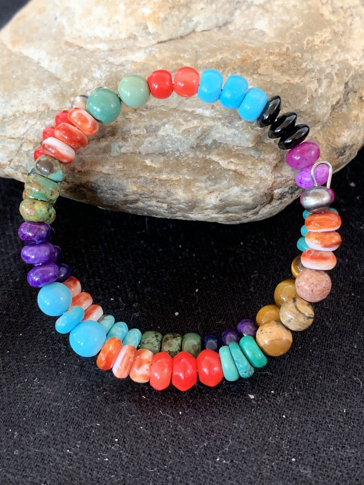 Turquoise, Coral, Tigers Eye, Onyx Navajo Stainless Memory Wire Bracelet 515