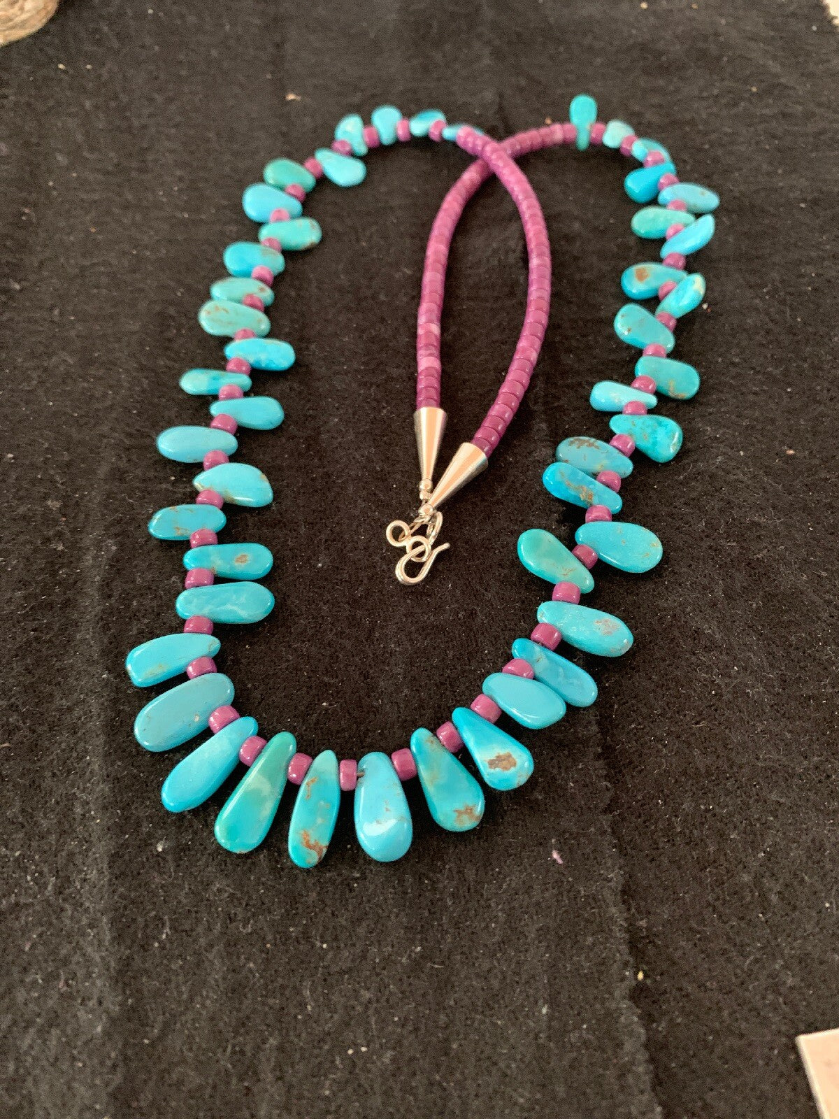 Native American Turquoise & Purple Stone Navajo Sterling Silver Necklace 04246