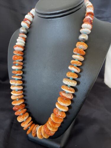 Navajo Turquoise & Orange Spiny Oyster Necklace Graduated 22" 10587