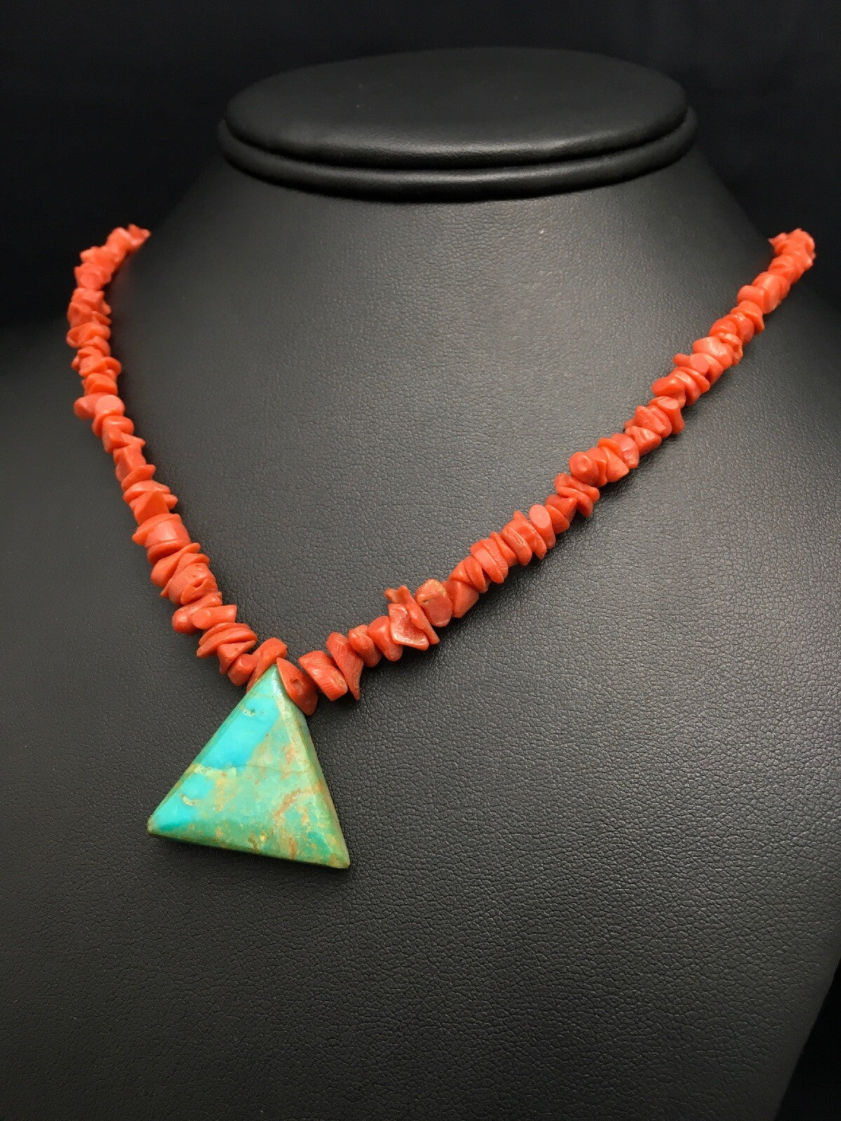 Kingman Turquoise Pendant Coral Sterling Silver Old Pawn Necklace 19" 4008