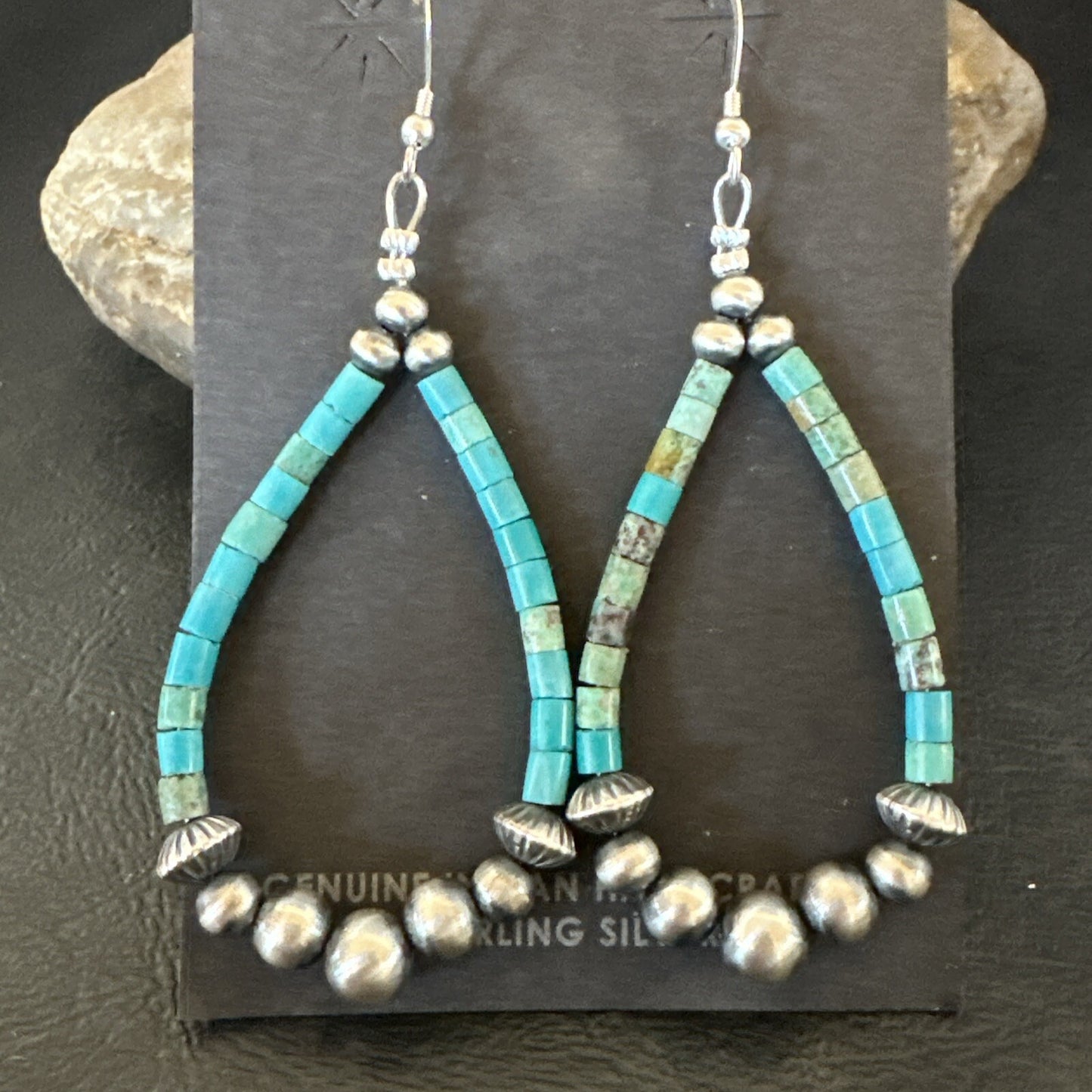 Blue Turquoise Heishi Sterling Silver Beads Navajo Beads Earrings 2" 17873