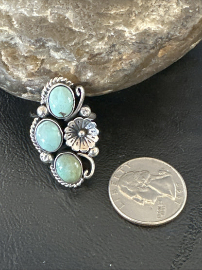 Yazzie Ring Green Turquoise Navajo Sterling Silver Cluster Size 8 19198