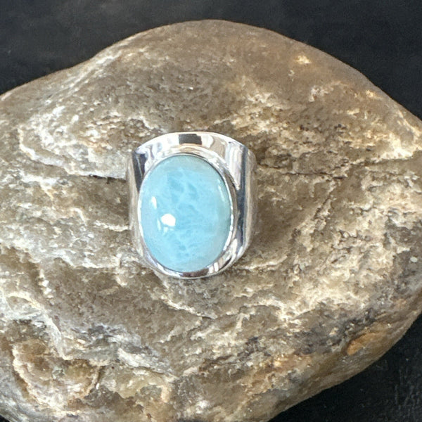 Women's Blue Larimar Navajo Ring Size 8 | Sterling Silver | Authentic Native American Handmade | 17669