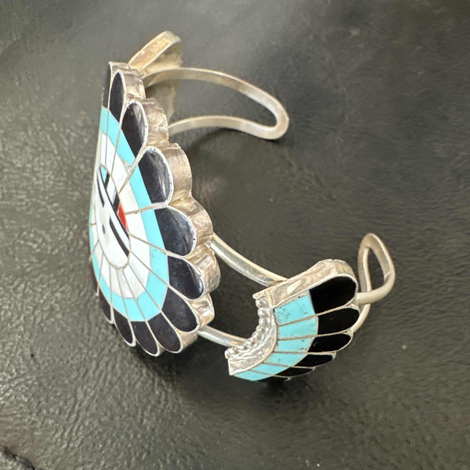 Old Pawn Sunface Turquoise Zuni Sterling Silver Onyx Bracelet 6.75” 19128