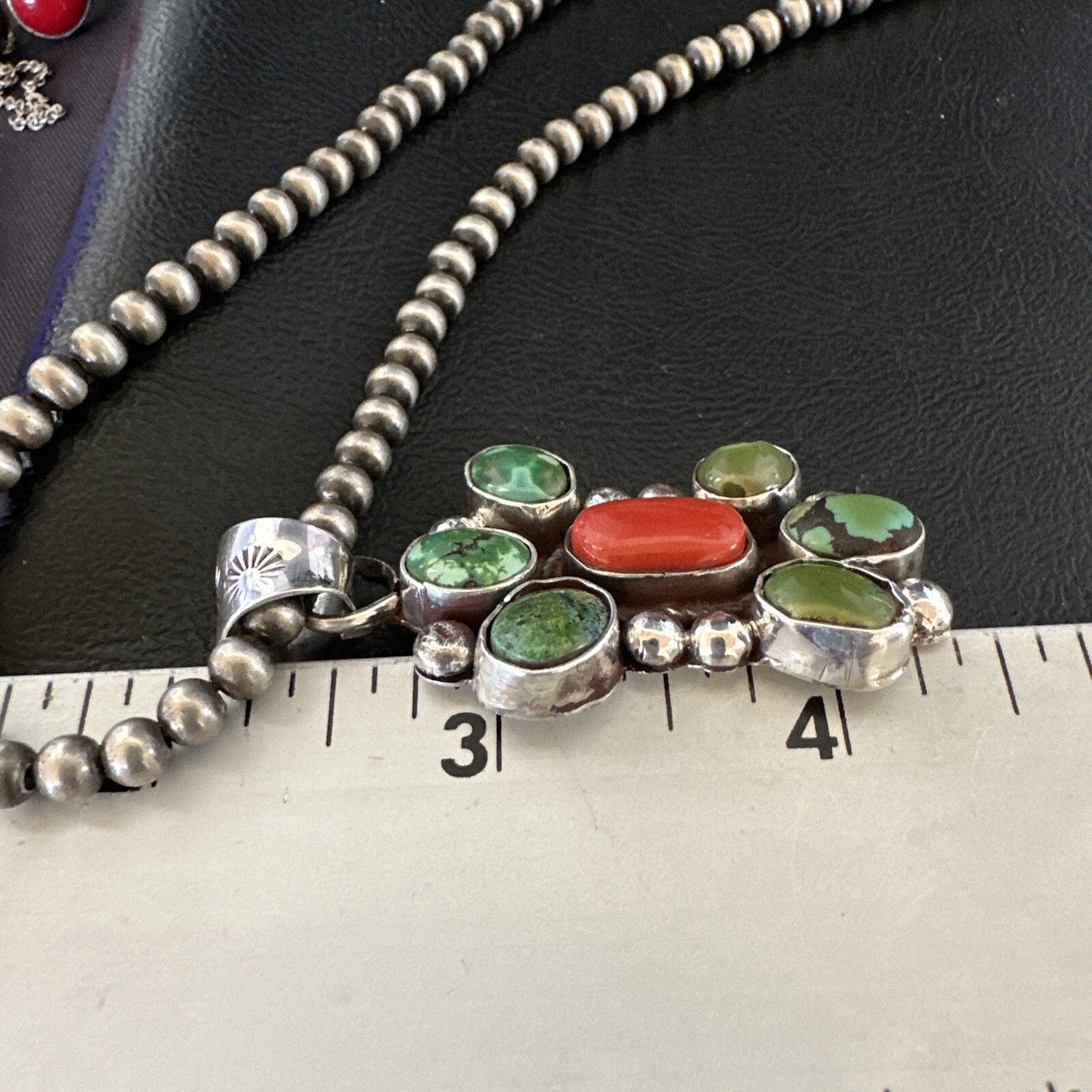 Navajo Sterling Cluster Red Turquoise Pendant Necklace 17714