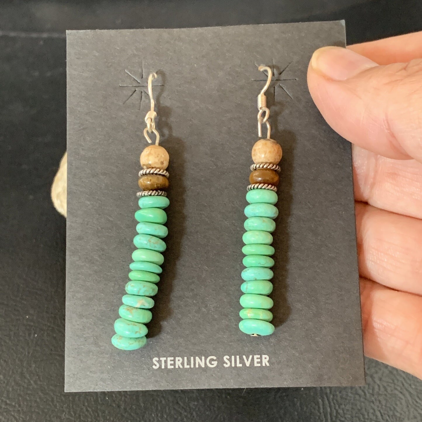 Green Turquoise & Picture Jasper Bead Navajo Sterling Silver Earrings 04080