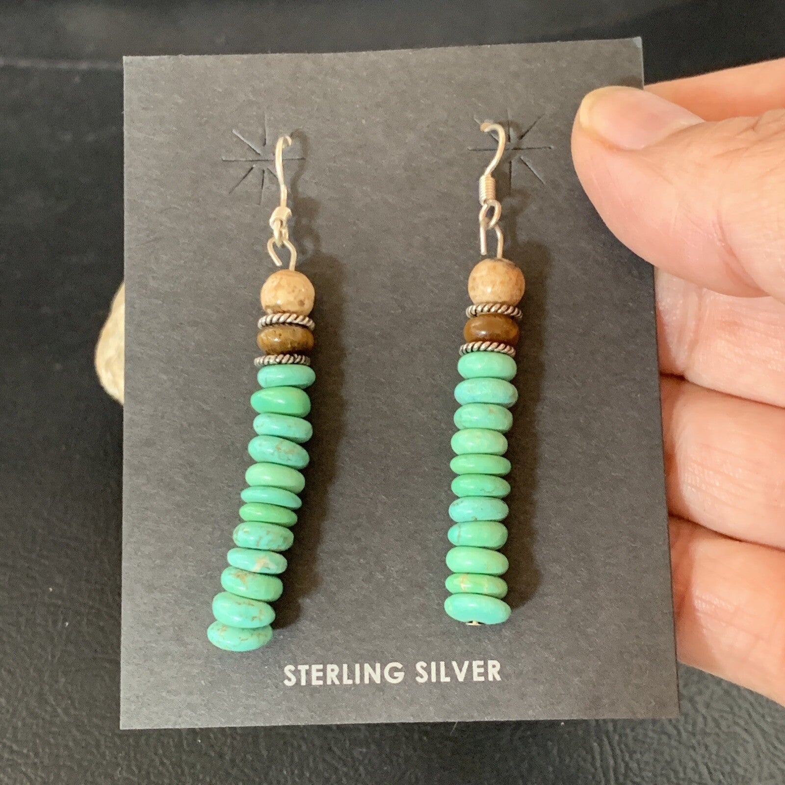 Green Turquoise & Picture Jasper Bead Navajo Sterling Silver Earrings 04080