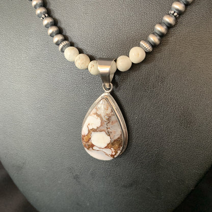 Navajo Pearls Sterling Silver Wild Crazy Horse Turquoise Necklace Pendant 13903