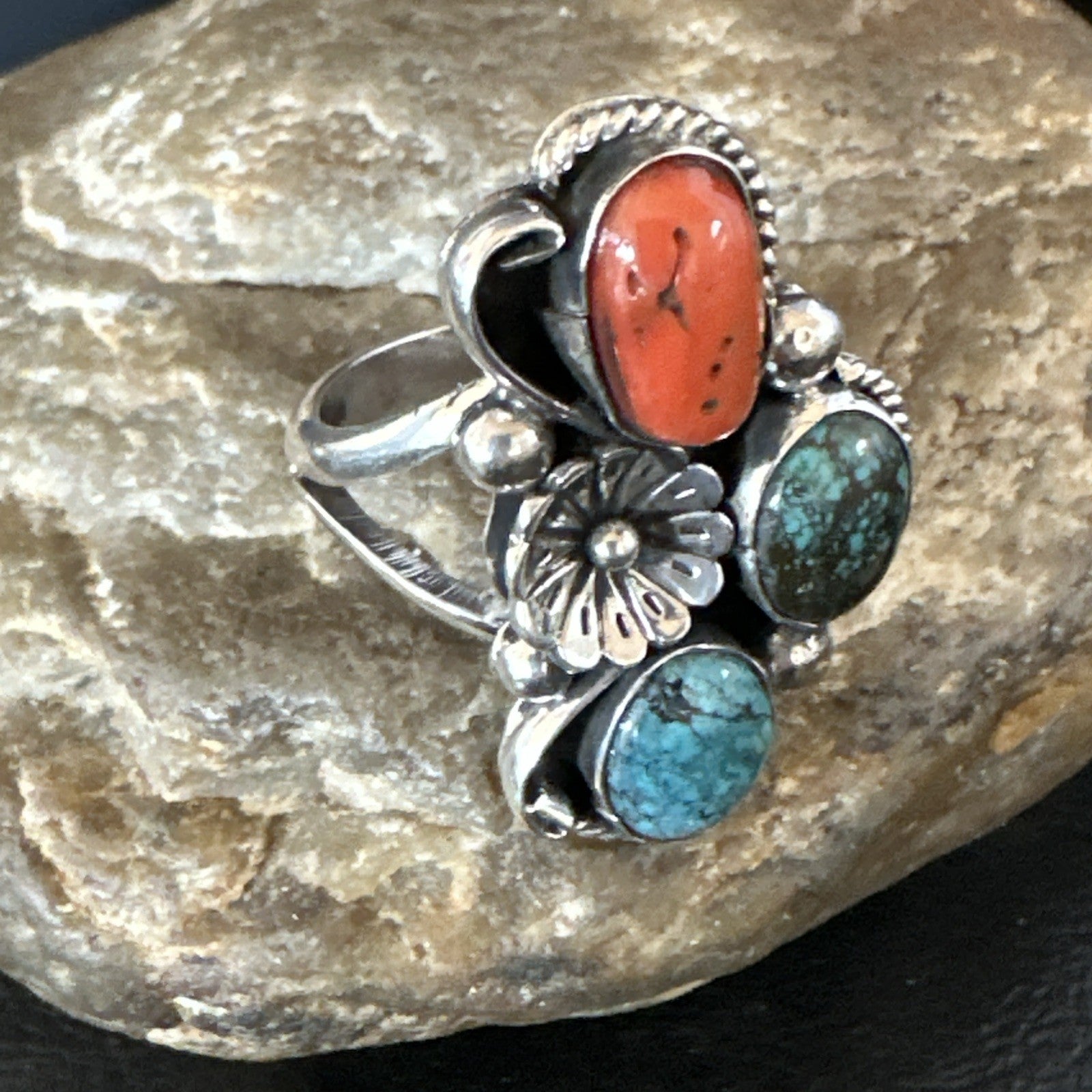 Multicolor Ring Turquoise Coral Spiny Navajo Sterling Silver Cluster Sz 10 19194