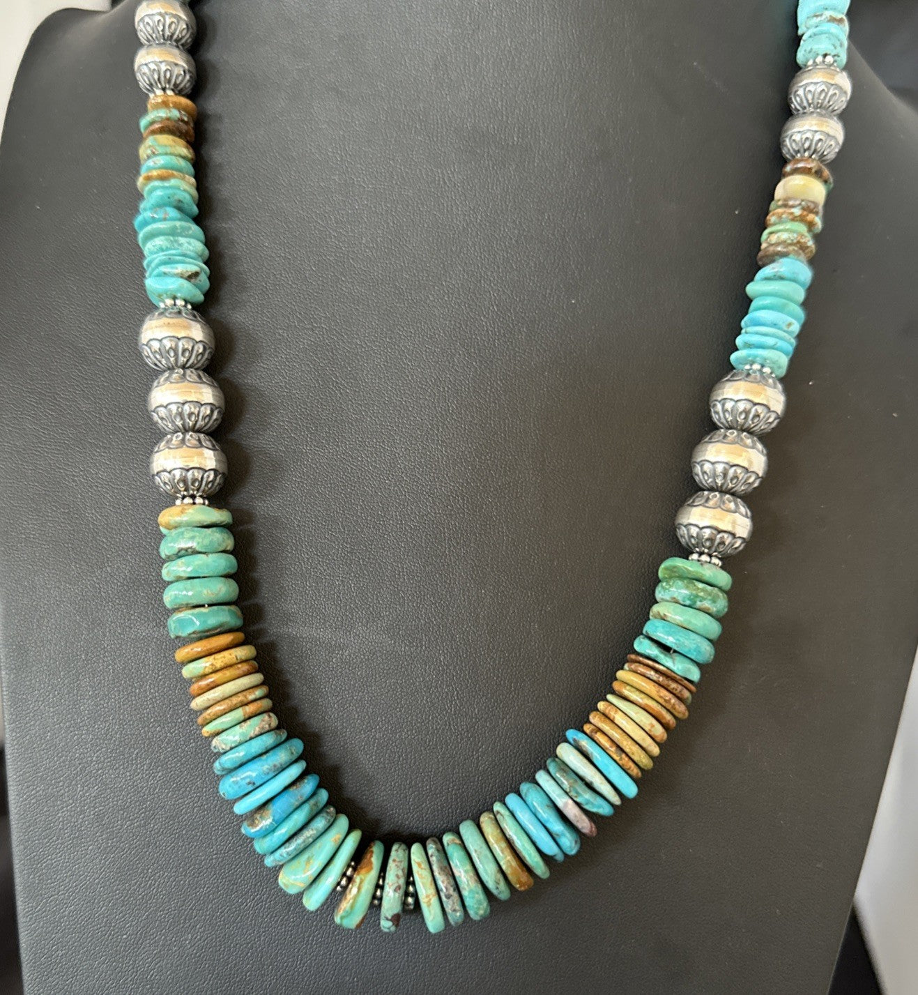 WoMens Blue Green Turquoise Navajo Sterling Silver Necklace 24” 19493
