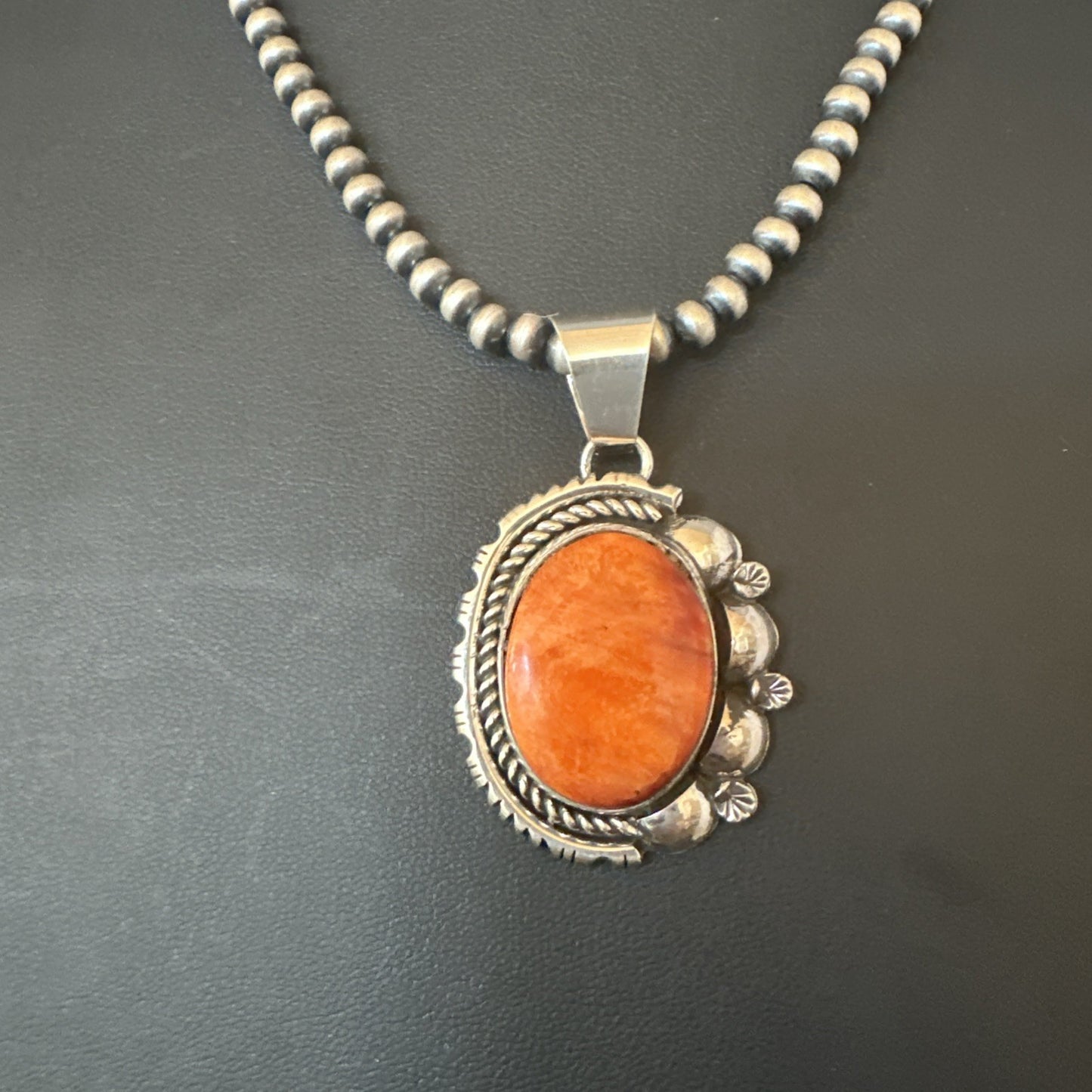 Yazzie Orange Spiny Oyster Pendant Navajo Sterling Silver Necklace 19490