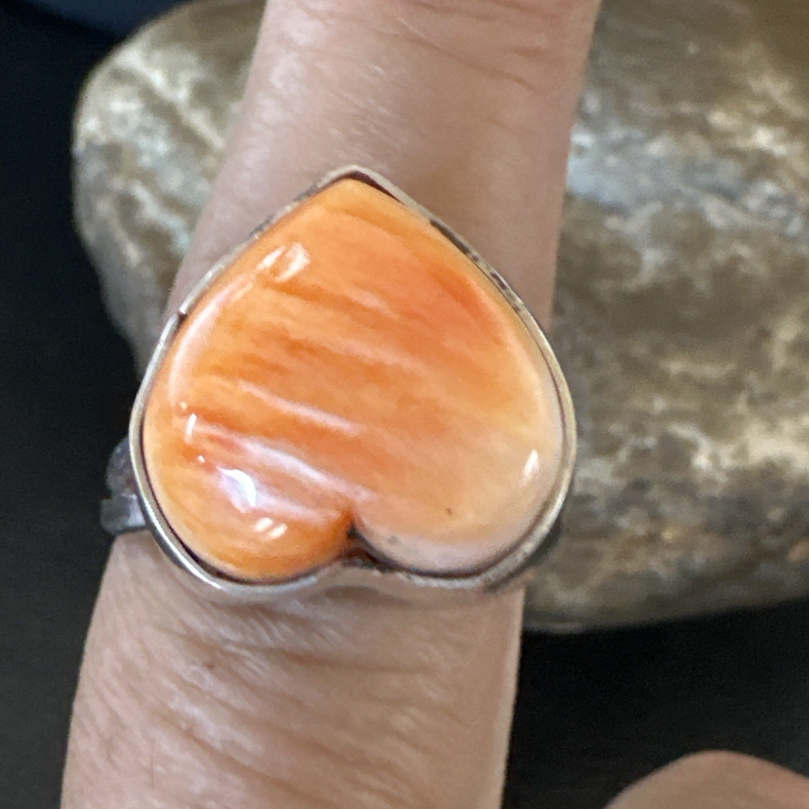 Orange Heart Ring Handmade Navajo Spiny Oyster Sterling Silver Sz 9 19329