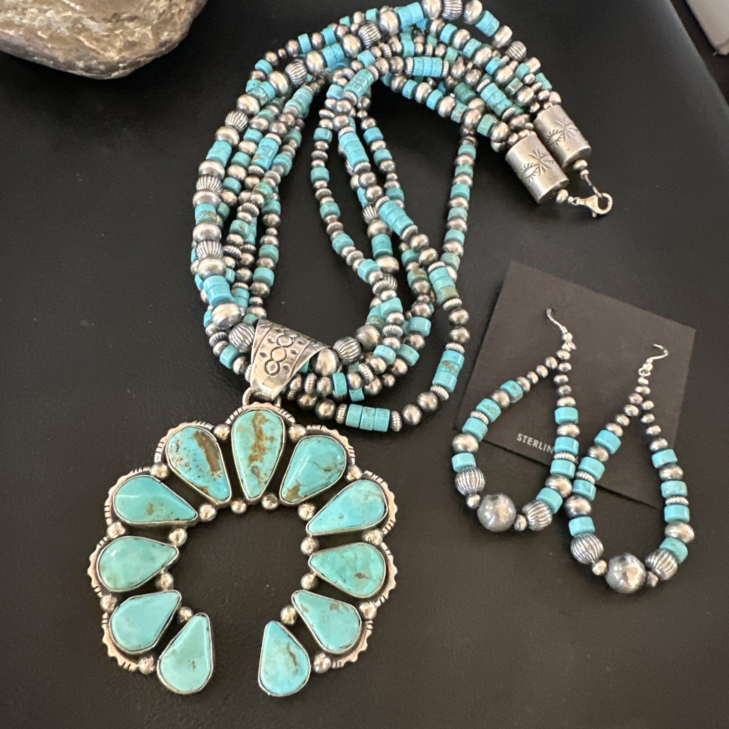 Blue Turquoise Naja Pendant Navajo Sterling Silver Earrings Necklace 21" 16865